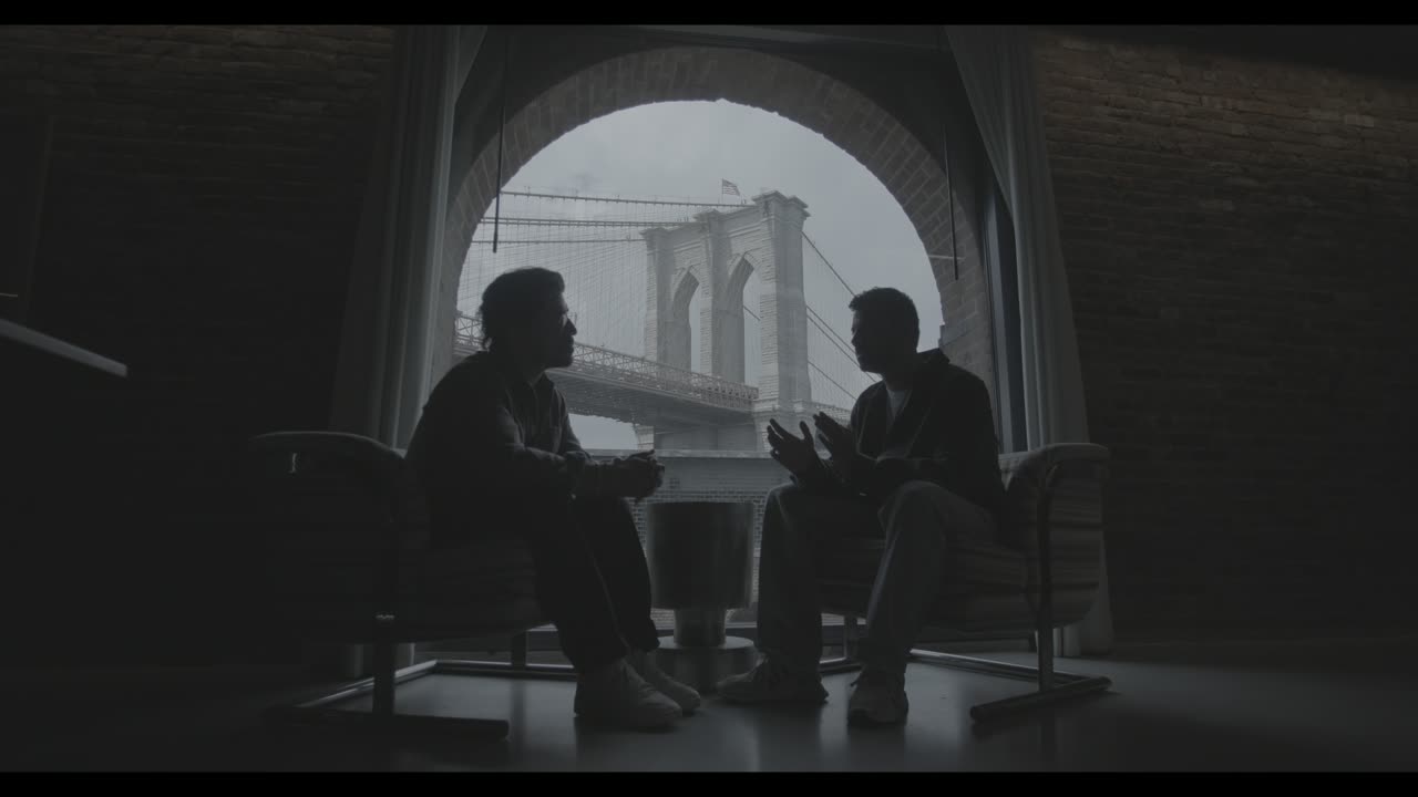 Two people under the Brooklyn Bridge arch
